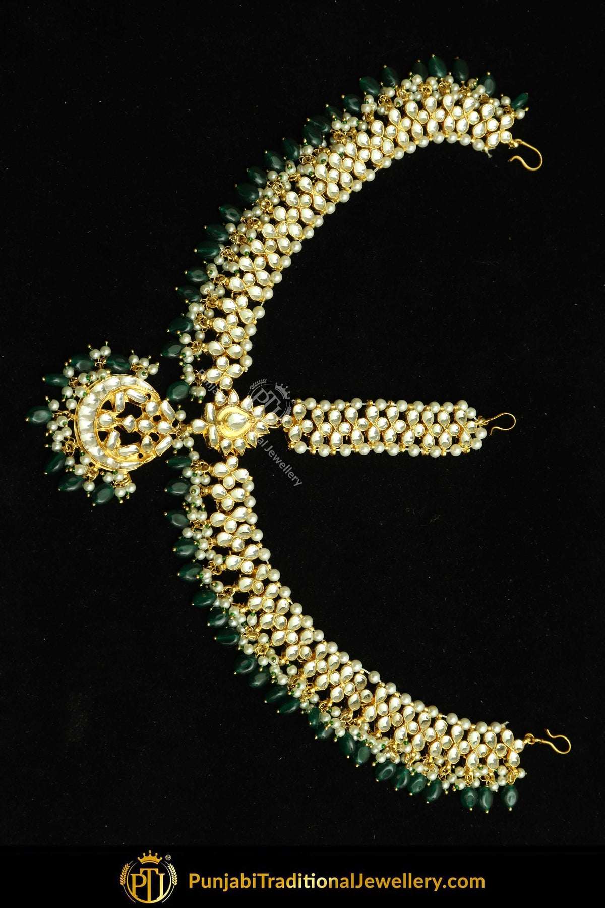 Gold Finished Kundan Emerald Matha Patti | Punjabi Traditional Jewellery Exclusive