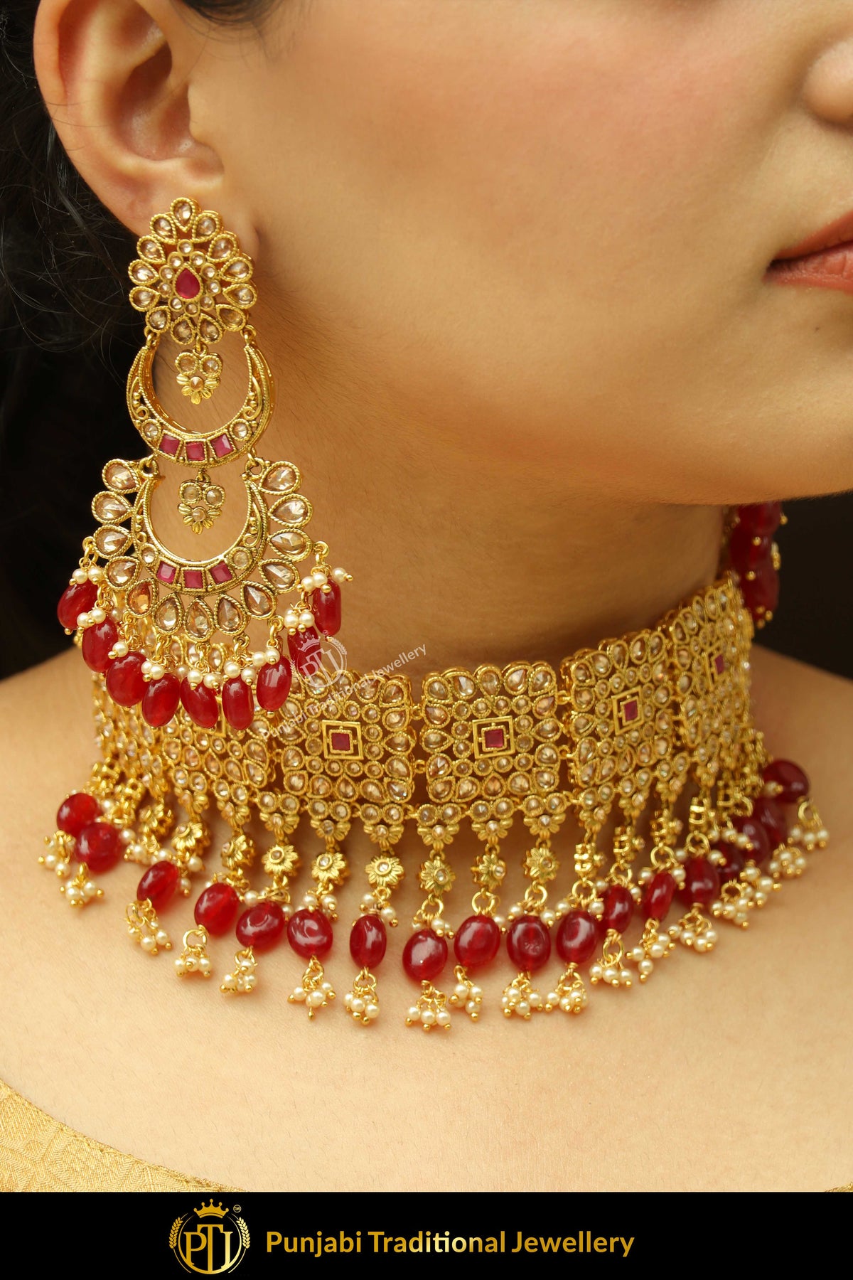 Assureds Rubby Champagne Stone Choker Set & Earrings | Punjabi Traditional Jewellery