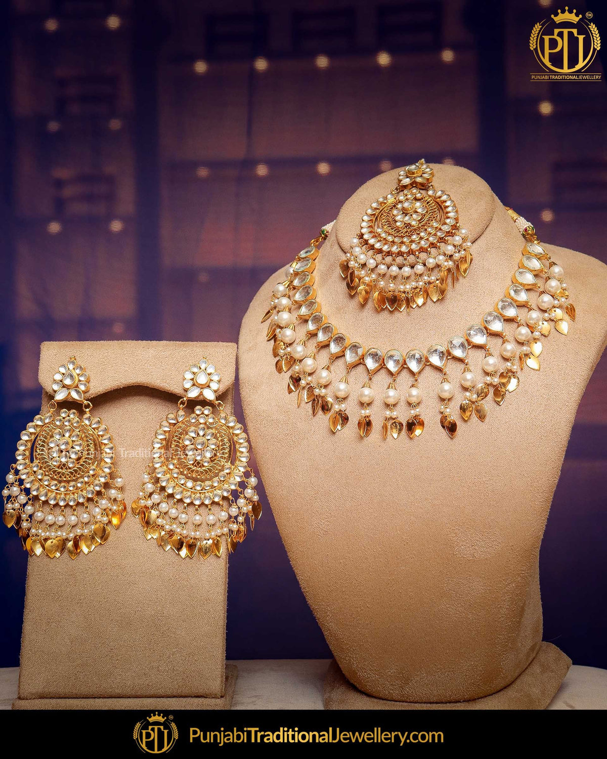 Gold Finished Pearl Pippal Patti Kundan Necklace Set | Punjabi Traditional Jewellery Exclusive
