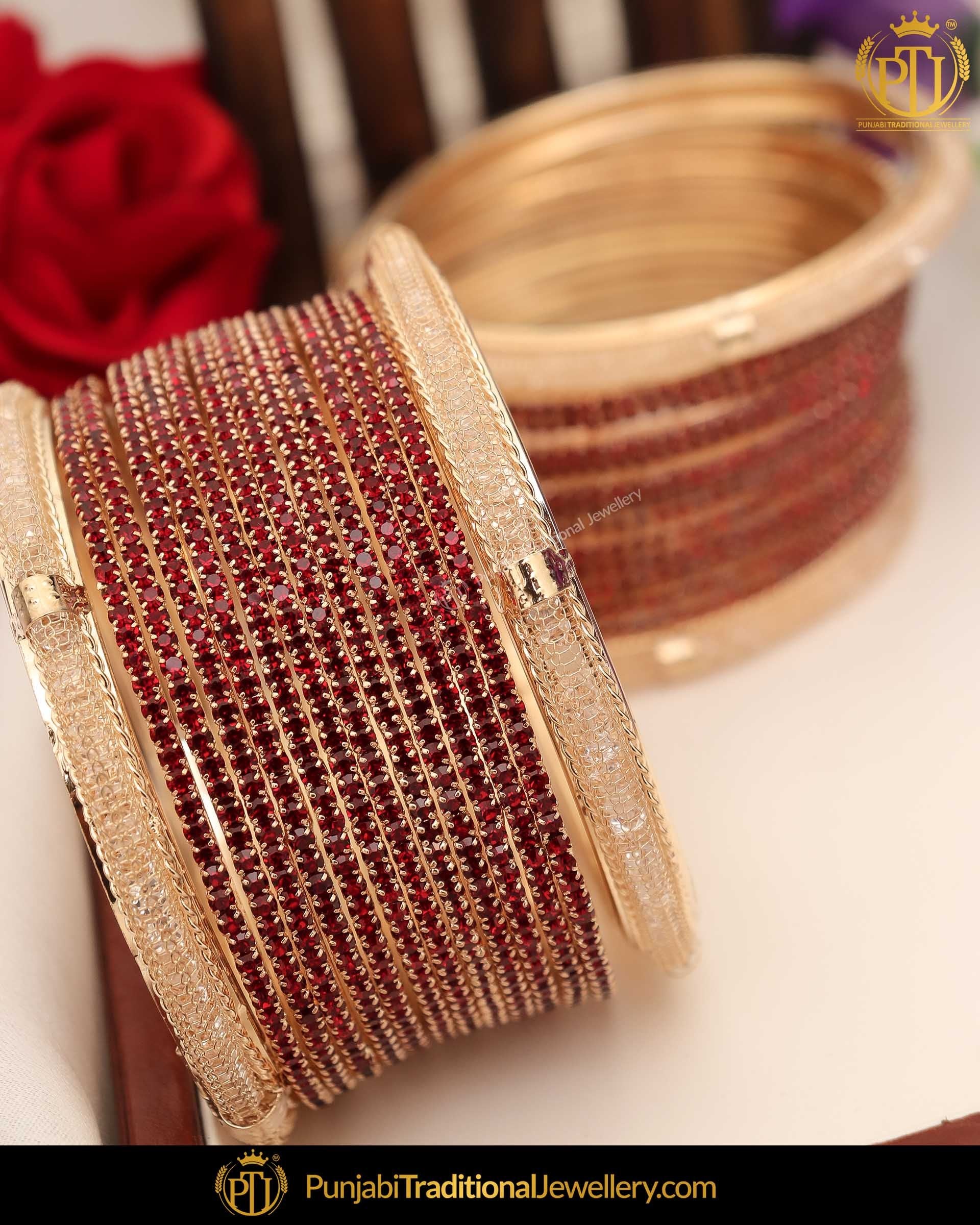 Antique Gold Finished Maroon AD Stone Bangle Set (Both Hand Pair) | Punjabi Traditional Jewellery Exclusive