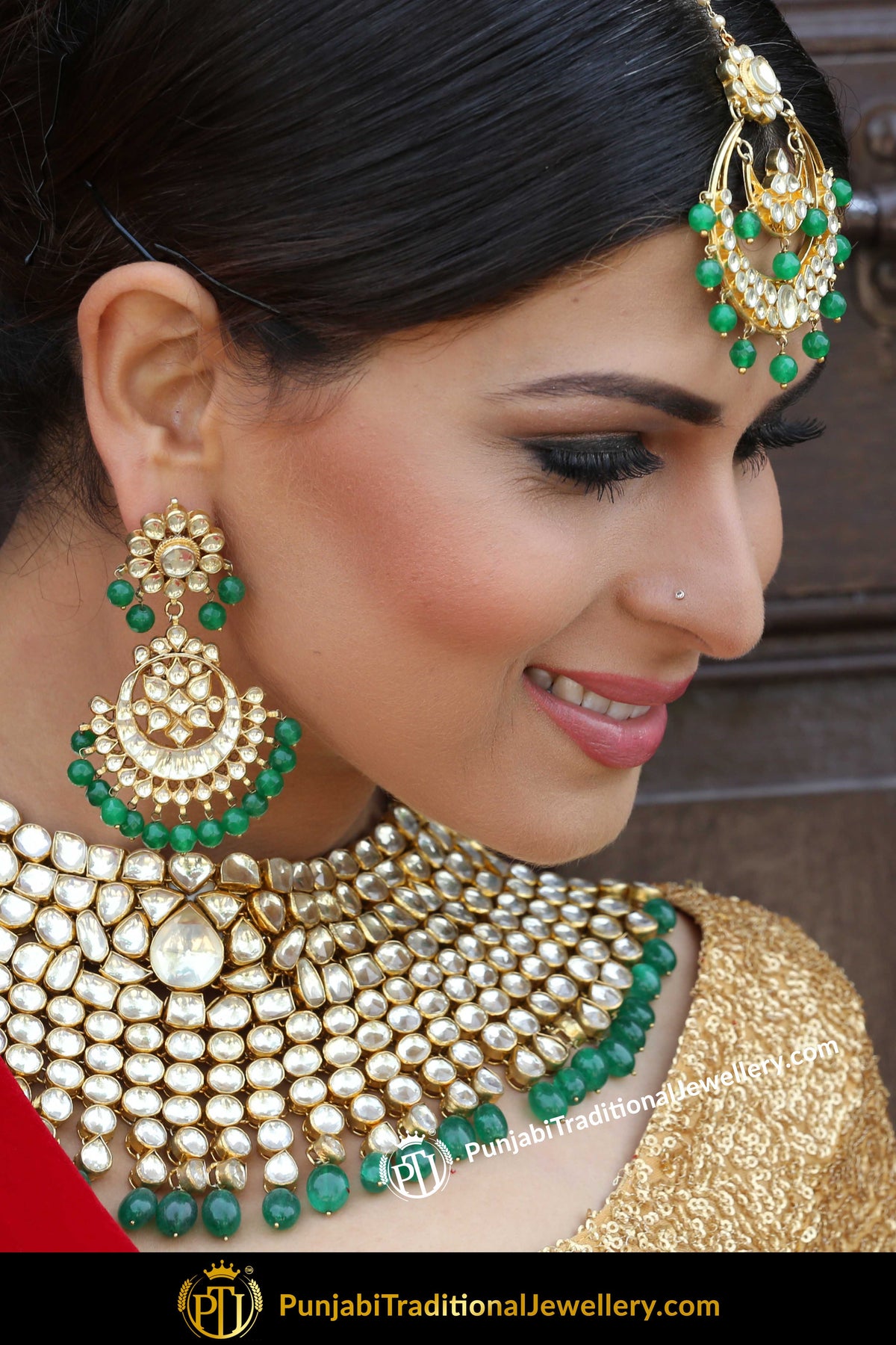 Zehreen Green Kundan Necklace Set | Punjabi Traditional Jewellery Exclusive