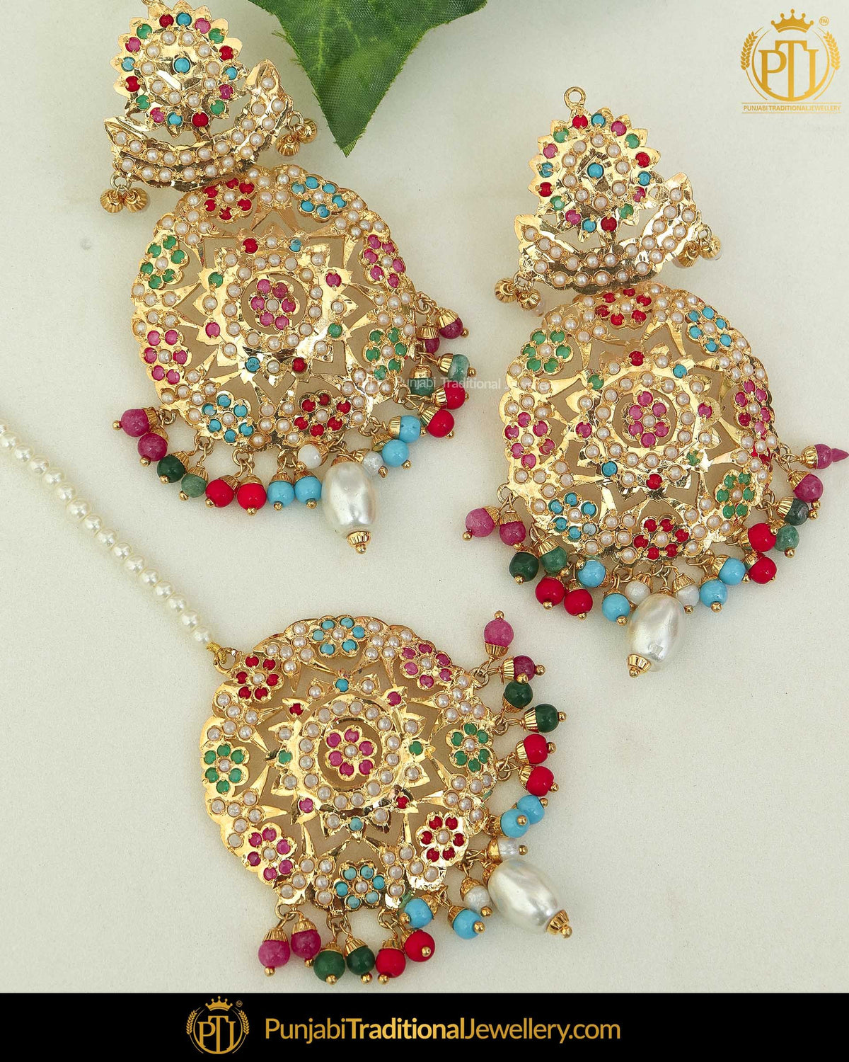 Gold Finished Navratan Jadau Earring Tikka Set | Punjabi Traditional Jewellery Exclusive