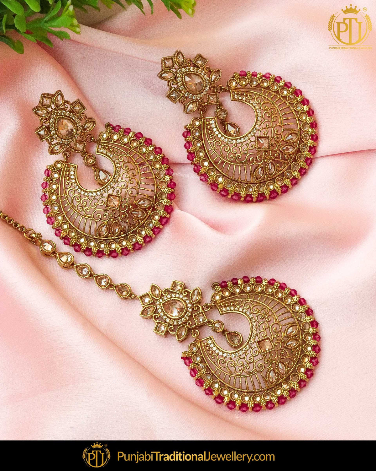 Antique Gold Finished Pink Champagne Stone Pearl Earring Tikka Set | Punjabi Traditional Jewellery Exclusive