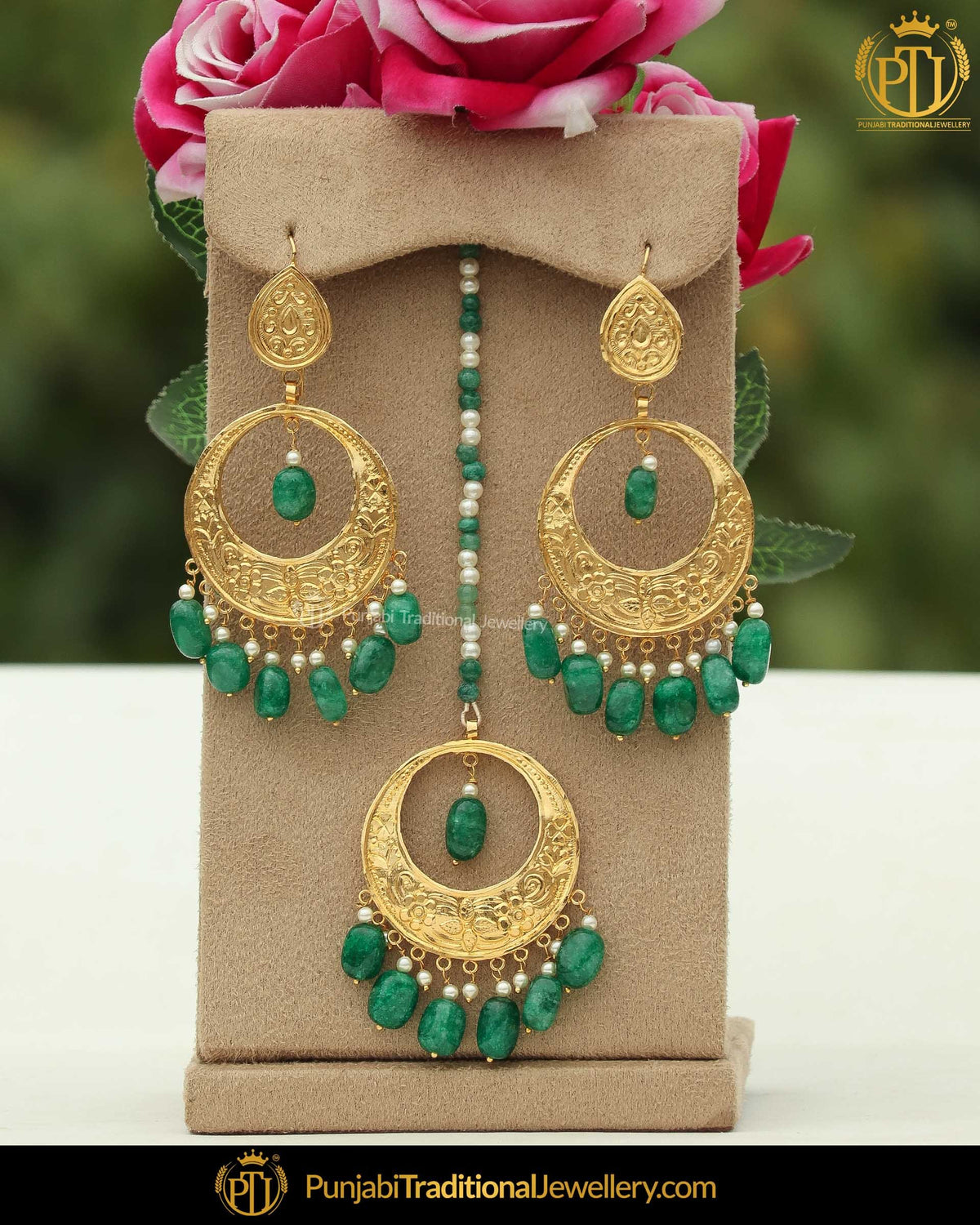 Gold Finished Emearld Earring Tikka Set | Punjabi Traditional Jewellery Exclusive