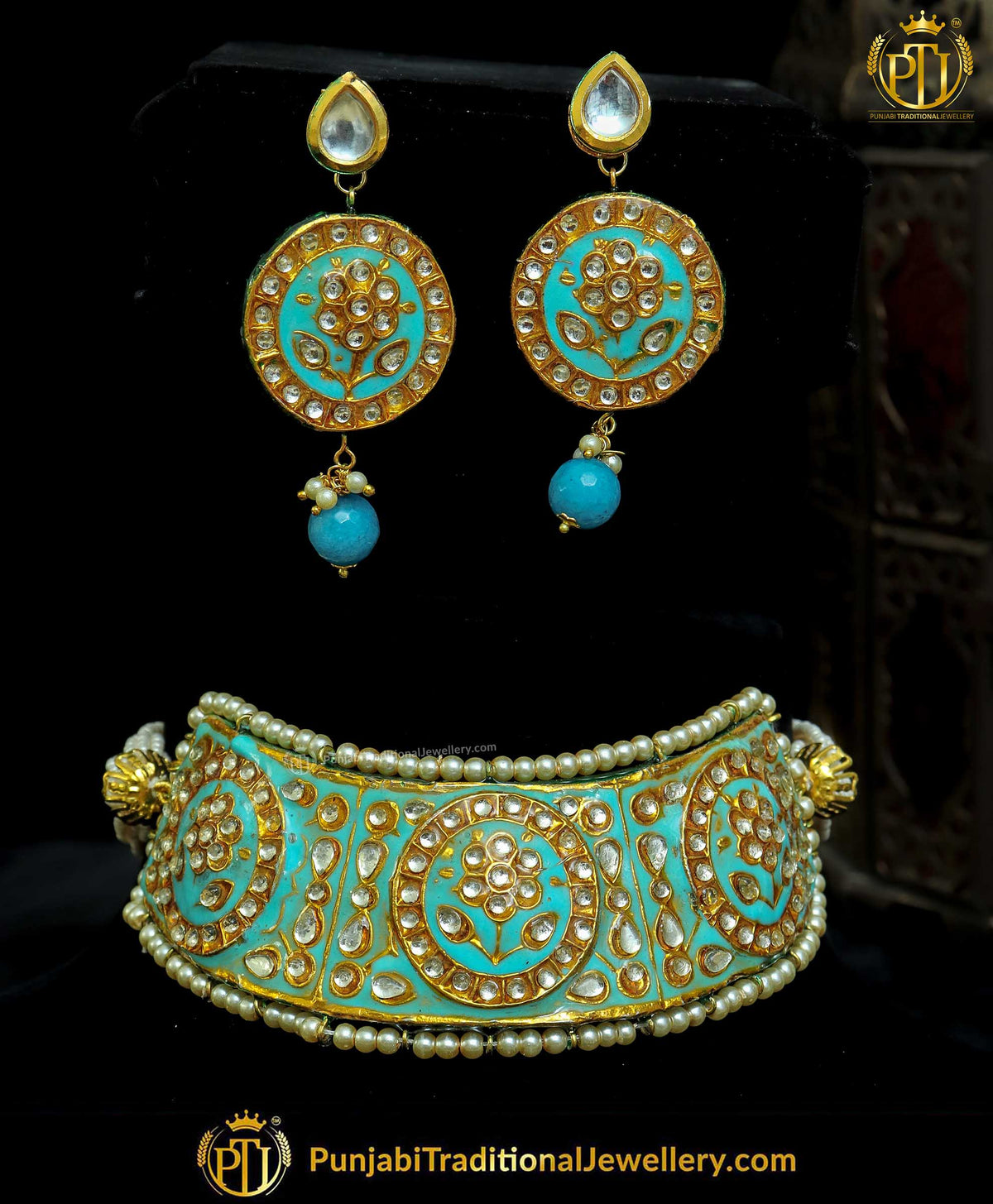 Firozi Hand-Painted Meena Kundan Pearl Choker Set | Punjabi Traditional Jewellery Exclusive