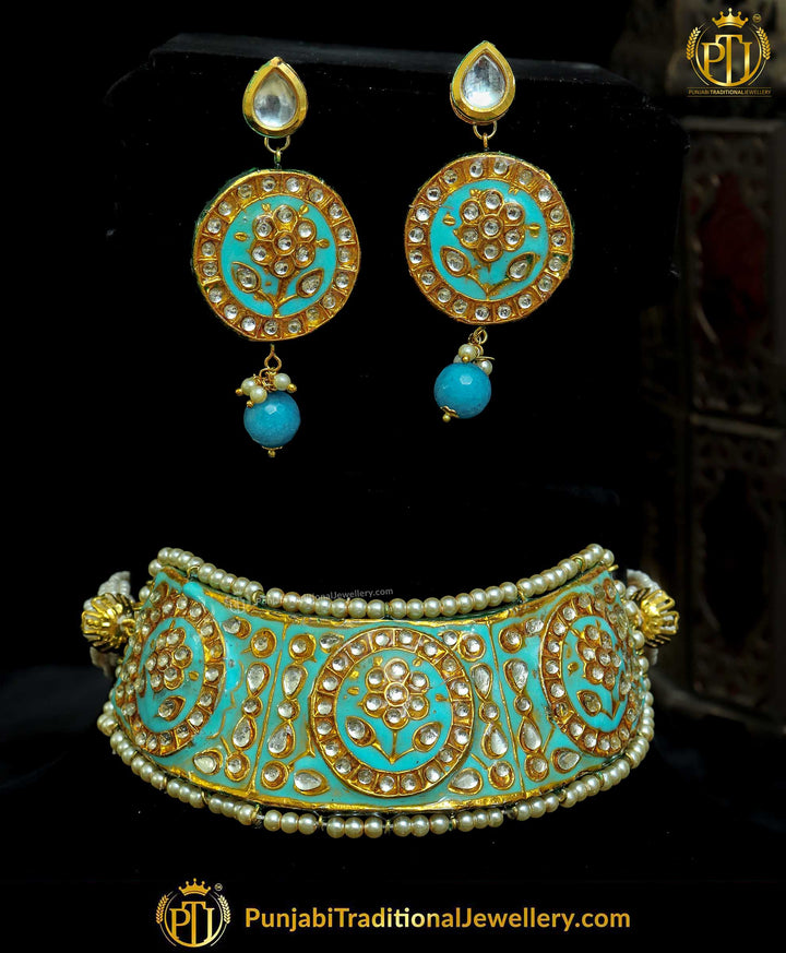 Firozi Hand-Painted Meena Kundan Pearl Choker Set | Punjabi Traditional Jewellery Exclusive
