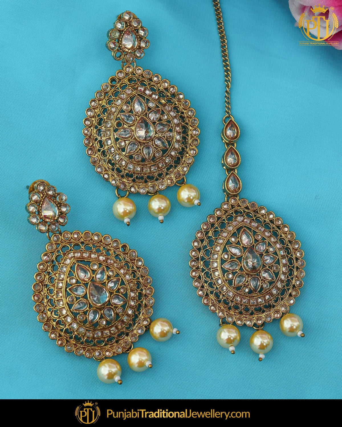 Antique Gold Finished Champagne Stone Earrings & Tikka | Punjabi Traditional Jewellery Exclusive