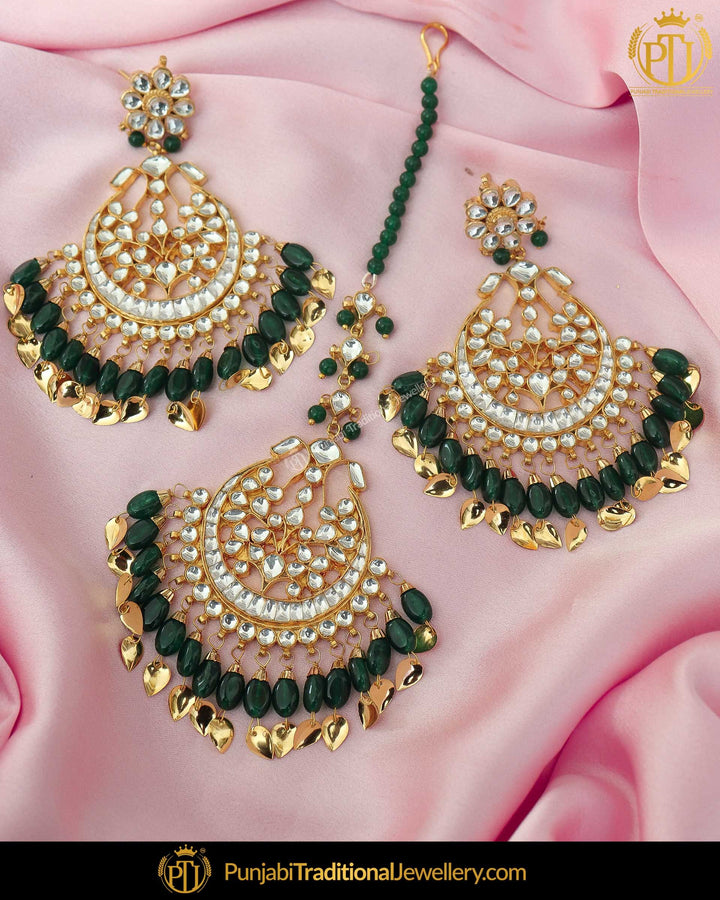 Gold Finished Emerald Pearl Kundan Earring Tikka Set | Punjabi Traditional Jewellery Exclusive