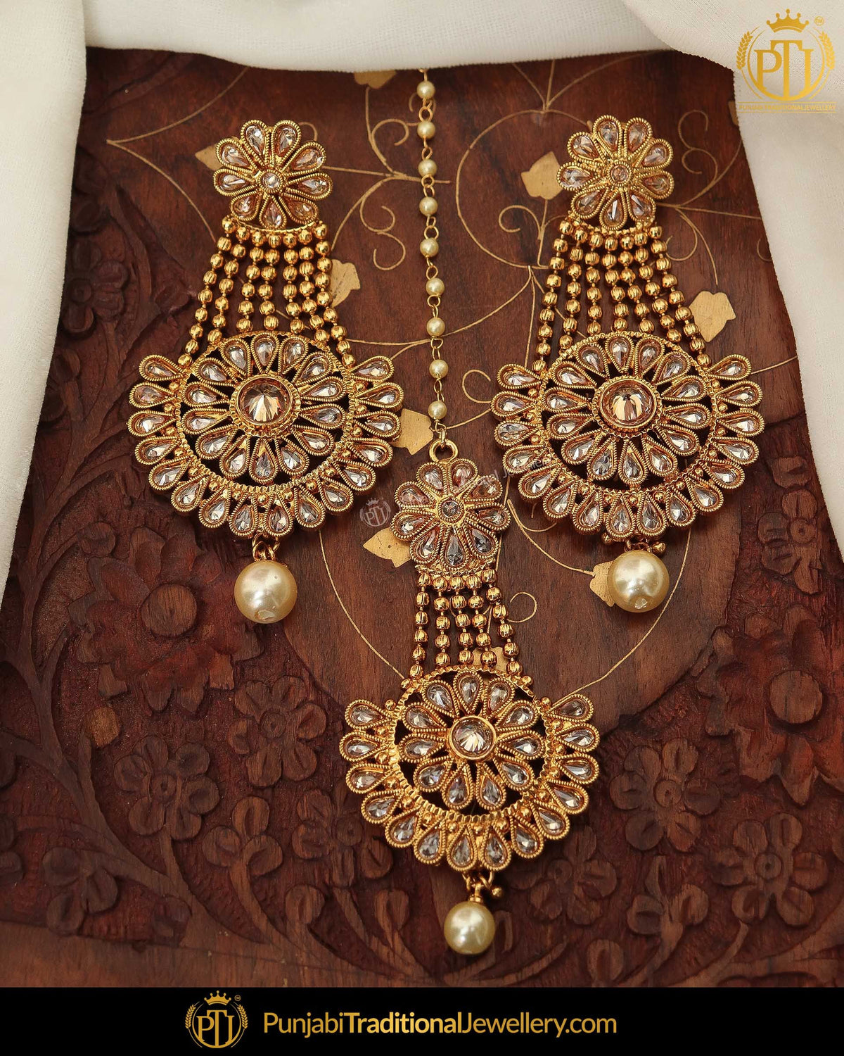 Gold Finished Chamapgne Stone Pearl Earring Tikka Set | Punjabi Traditional Jewellery Exclusive