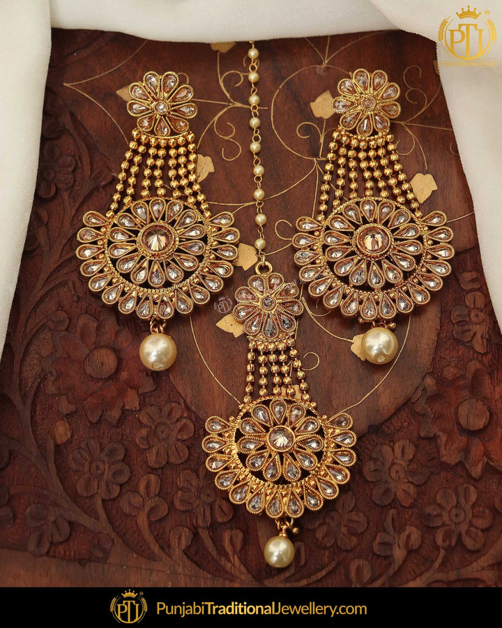 Gold Finished Chamapgne Stone Pearl Earring Tikka Set | Punjabi Traditional Jewellery Exclusive