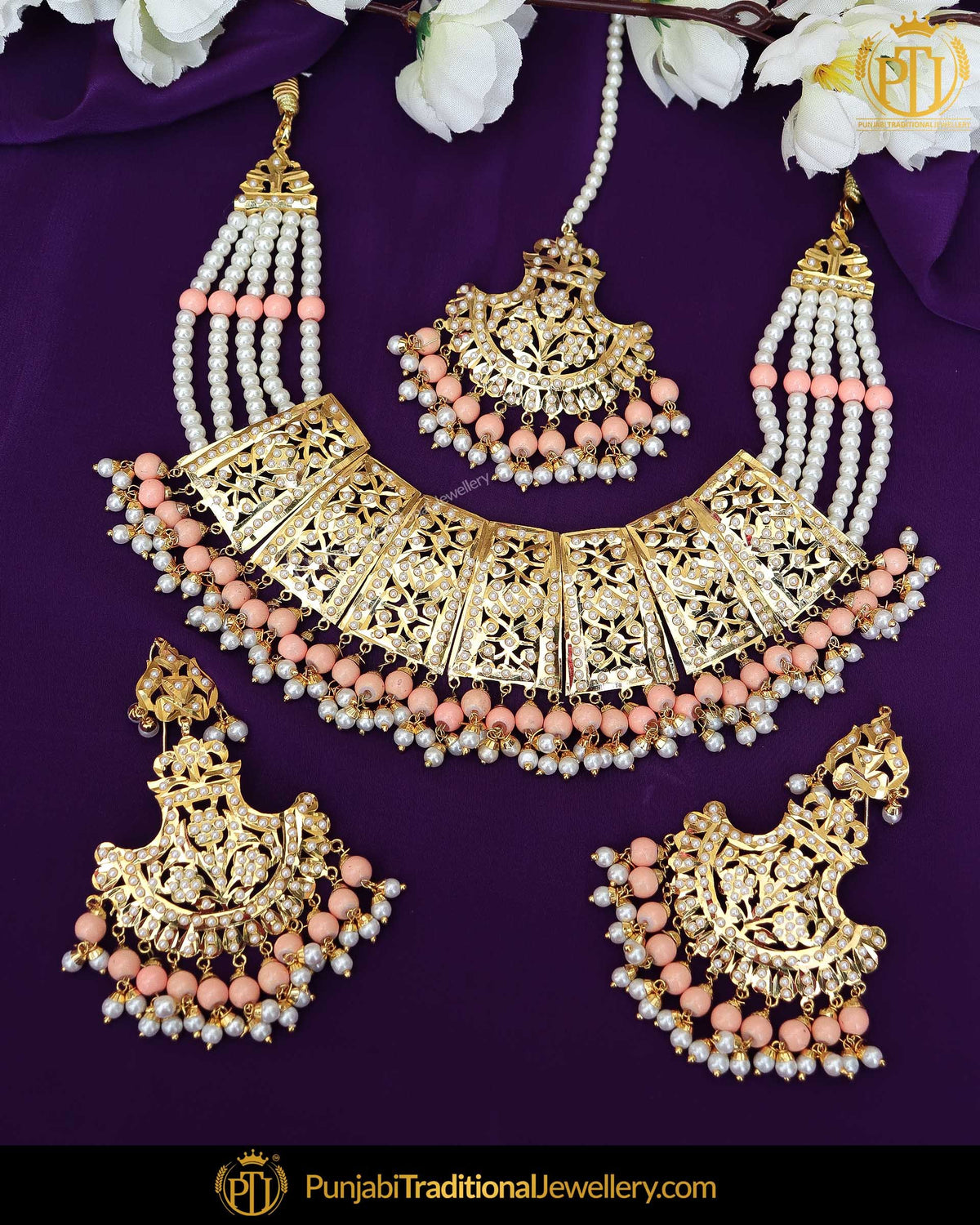 Gold Finished Peach Jadau Pearl Necklace Set  | Punjabi Traditional Jewellery Exclusive