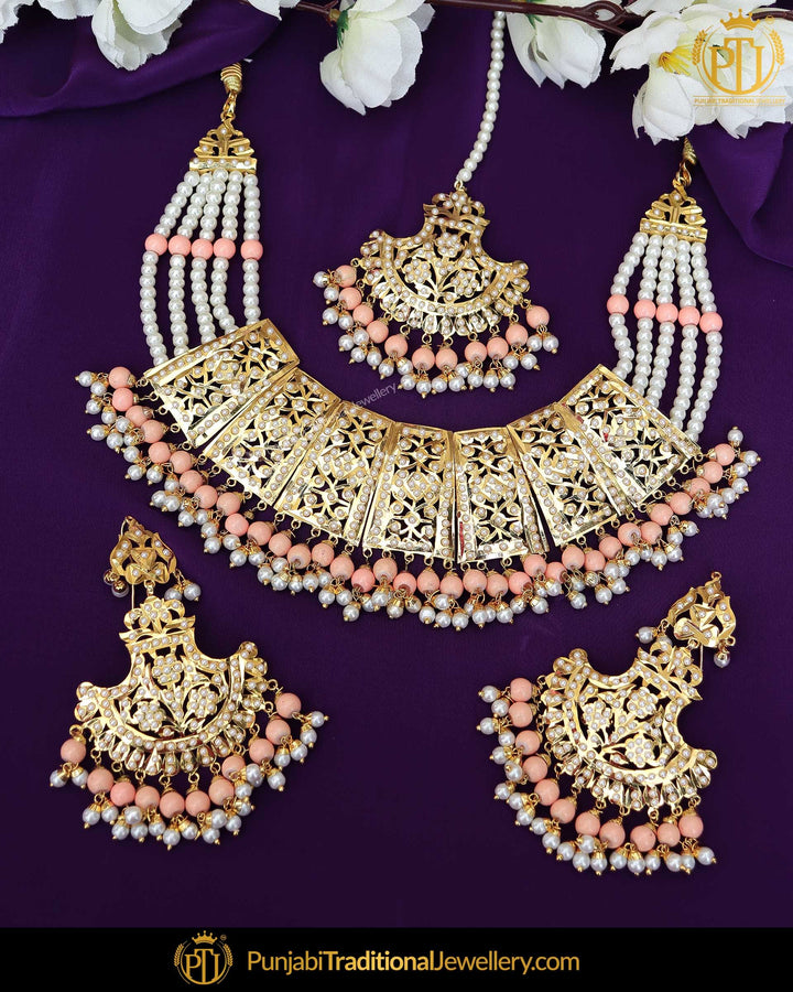 Gold Finished Peach Jadau Pearl Necklace Set  | Punjabi Traditional Jewellery Exclusive