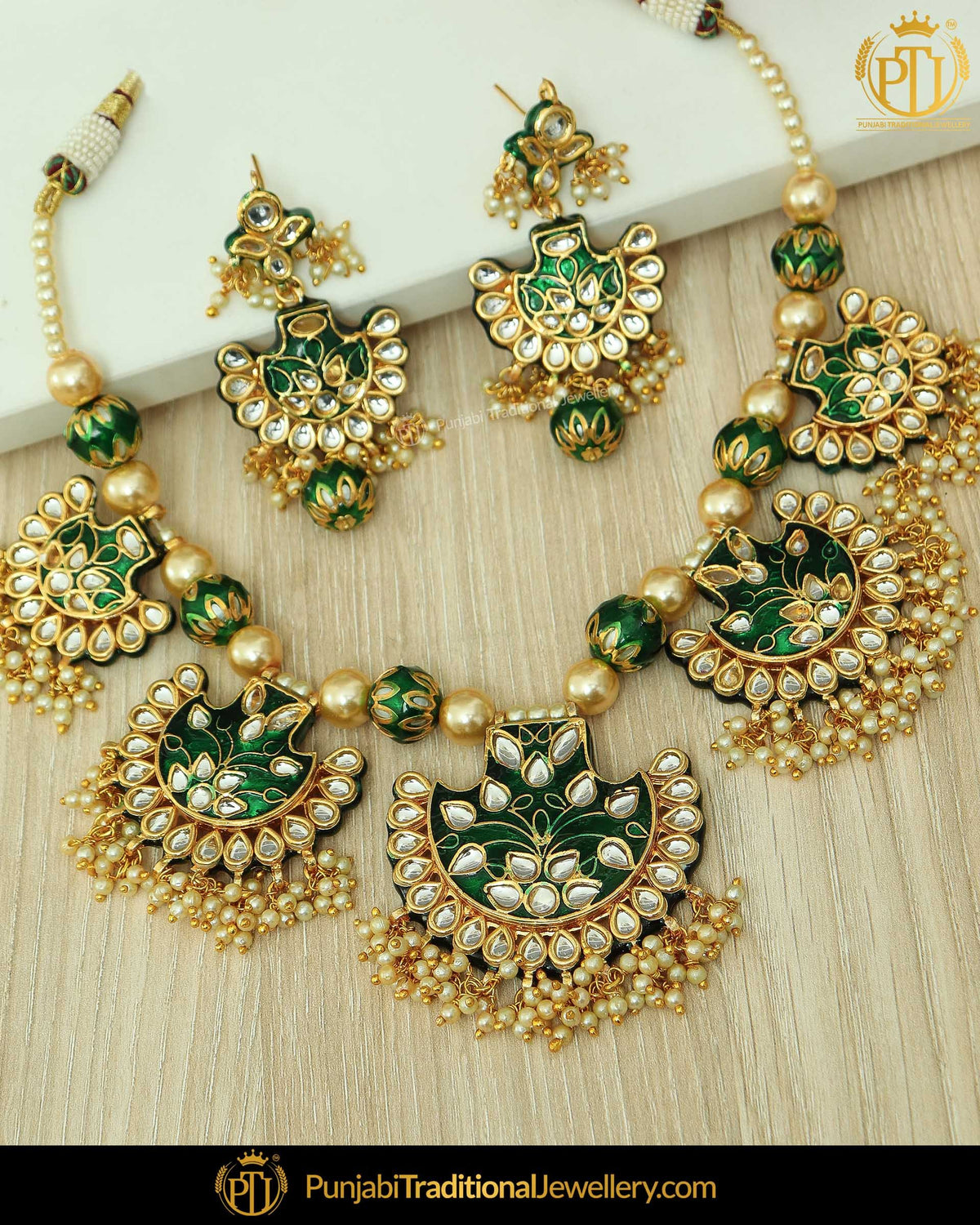 Hand Paited Meena Emerald Pearl Kundan Necklace Set | Punjabi Traditional Jewellery Exclusive