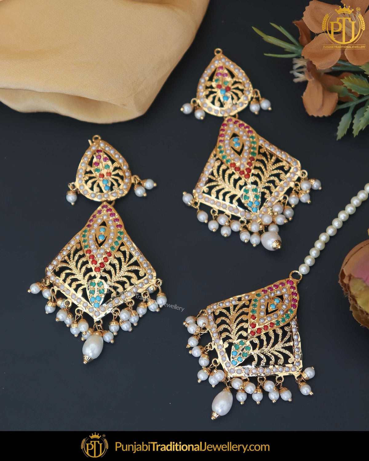Gold Finished Jadau Multi Earring Tikka Set | Punjabi Traditional Jewellery Exclusive
