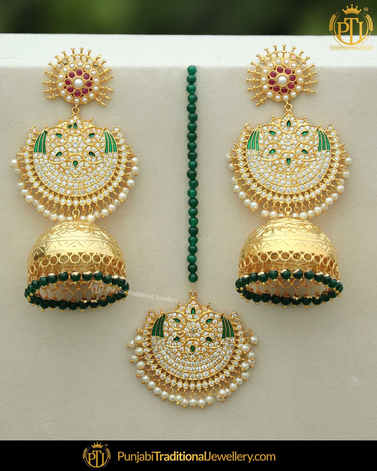 Gold Finished Jhumki Emerald Pearl Earring Tikka Set | Punjabi Traditional Jewellery Exclusive