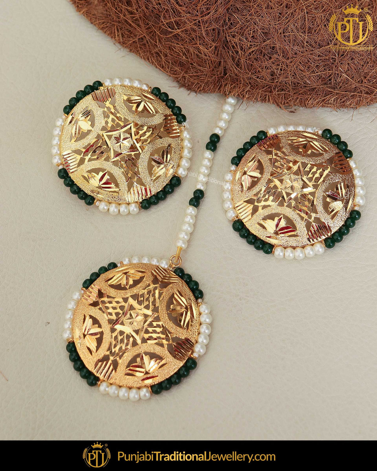 Gold Finished Emerald Jadau Stud Pearl Earring Tikka Set | Punjabi Traditional Jewellery Exclusive