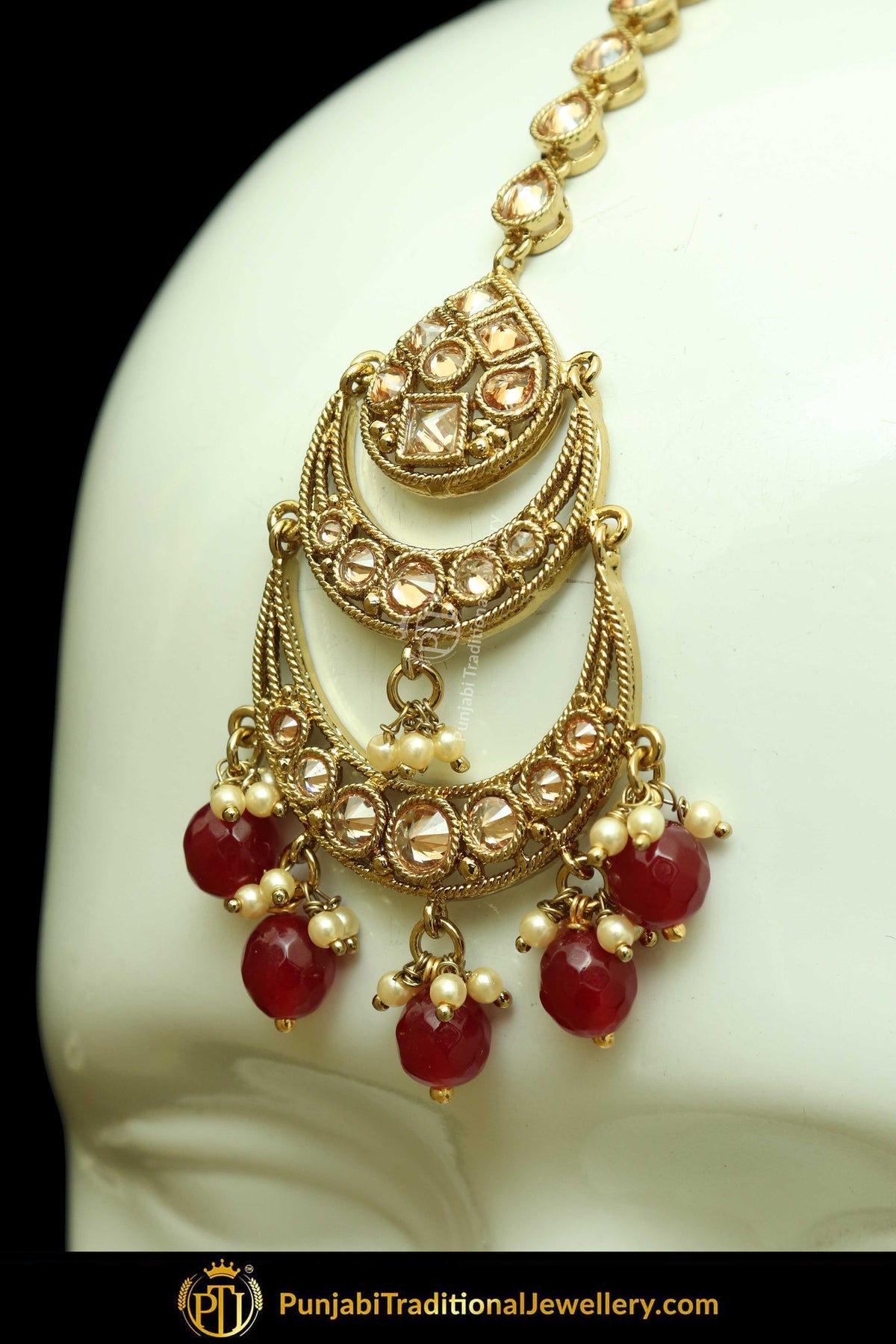 Antique Gold Finised Champagne Stone Red Earring Tikka Set By Punjabi Traditional Jewellery