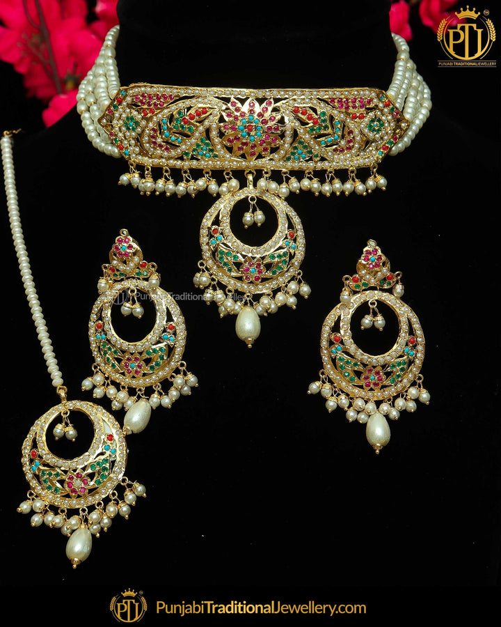 Gold Finished Navratan Jadau Choker Necklace Set | Punjabi Traditional Jewellery Exclusive