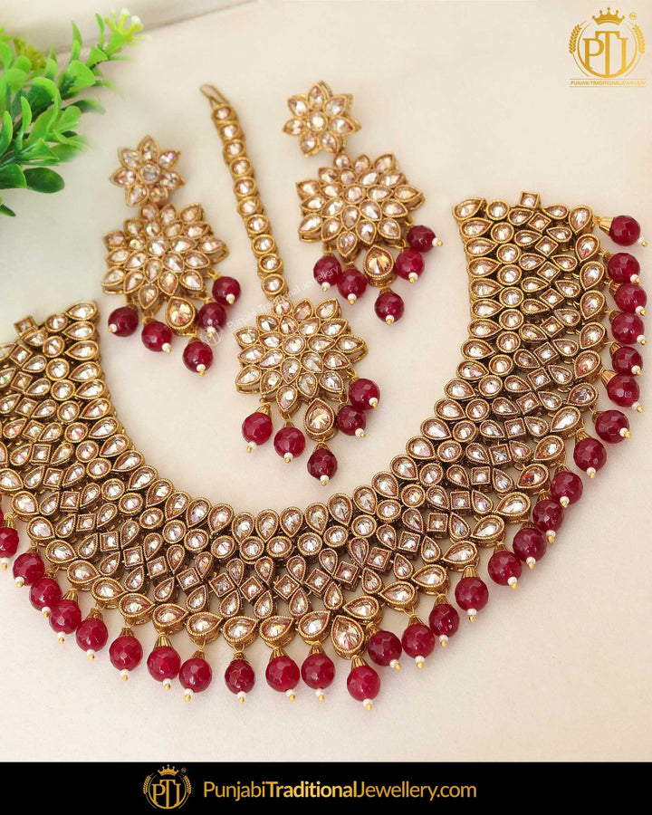 Gold Finished Rubby Chamapgne Stone Pearl Choker Necklace Set | Punjabi Traditional Jewellery Exclusive