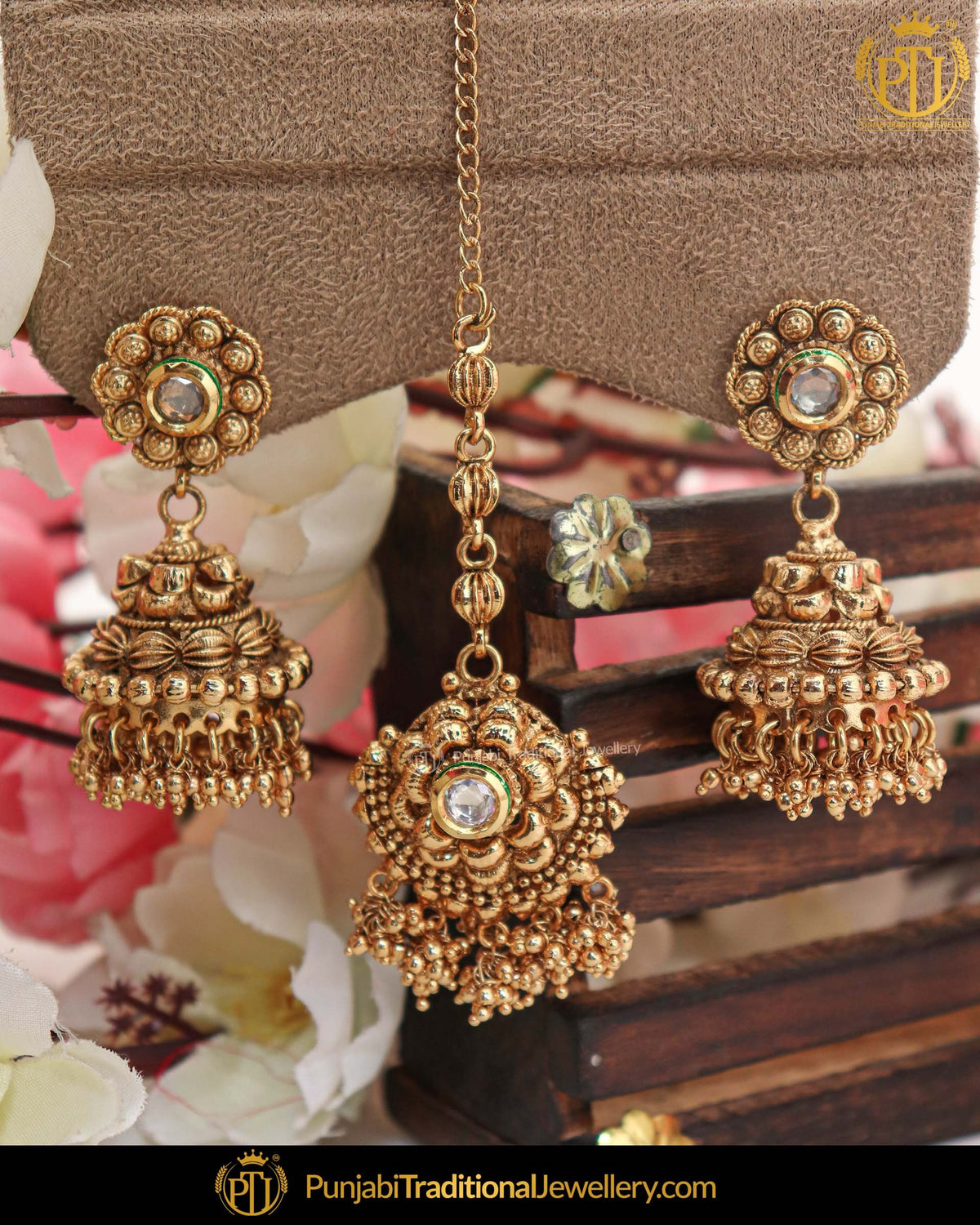 Antique Gold Finished Kundan Jhumki Earring Tikka Set | Punjabi Traditional Jewellery Exclusive