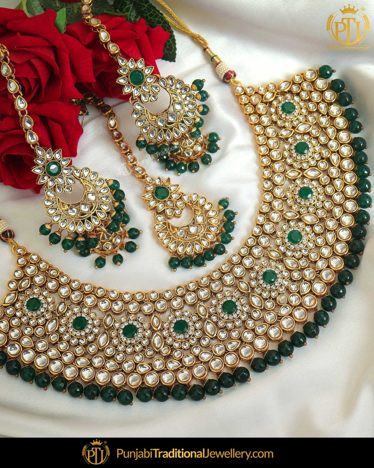 Gold Finished Emerald Kundan Pearl Necklace Set | Punjabi Traditional Jewellery Exclusive