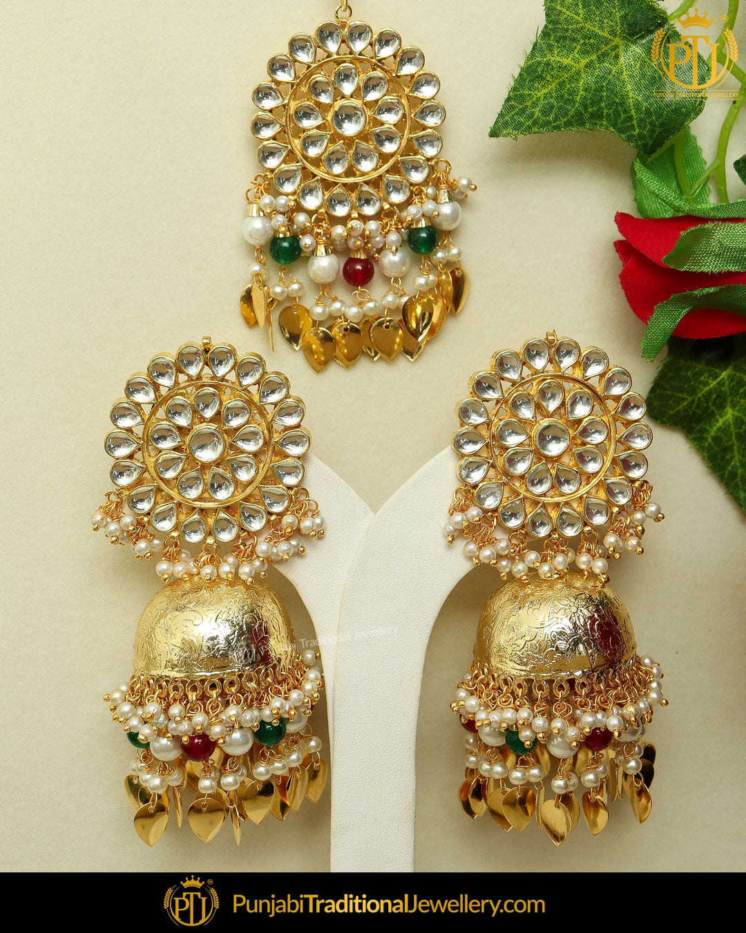 Gold Finished Stud & Jhumki Pearl Kundan Pippal Patti Earrings & Tikka | Punjabi Traditional Jewellery Exclusive