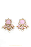 Gold Finished Kundan Pink Stud Earrings by PTJ