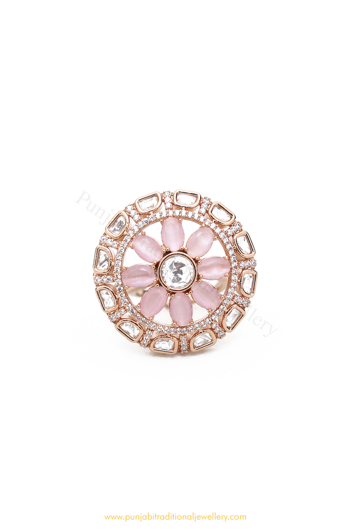 Gold Finished Pink Kundan Ring By PTJ