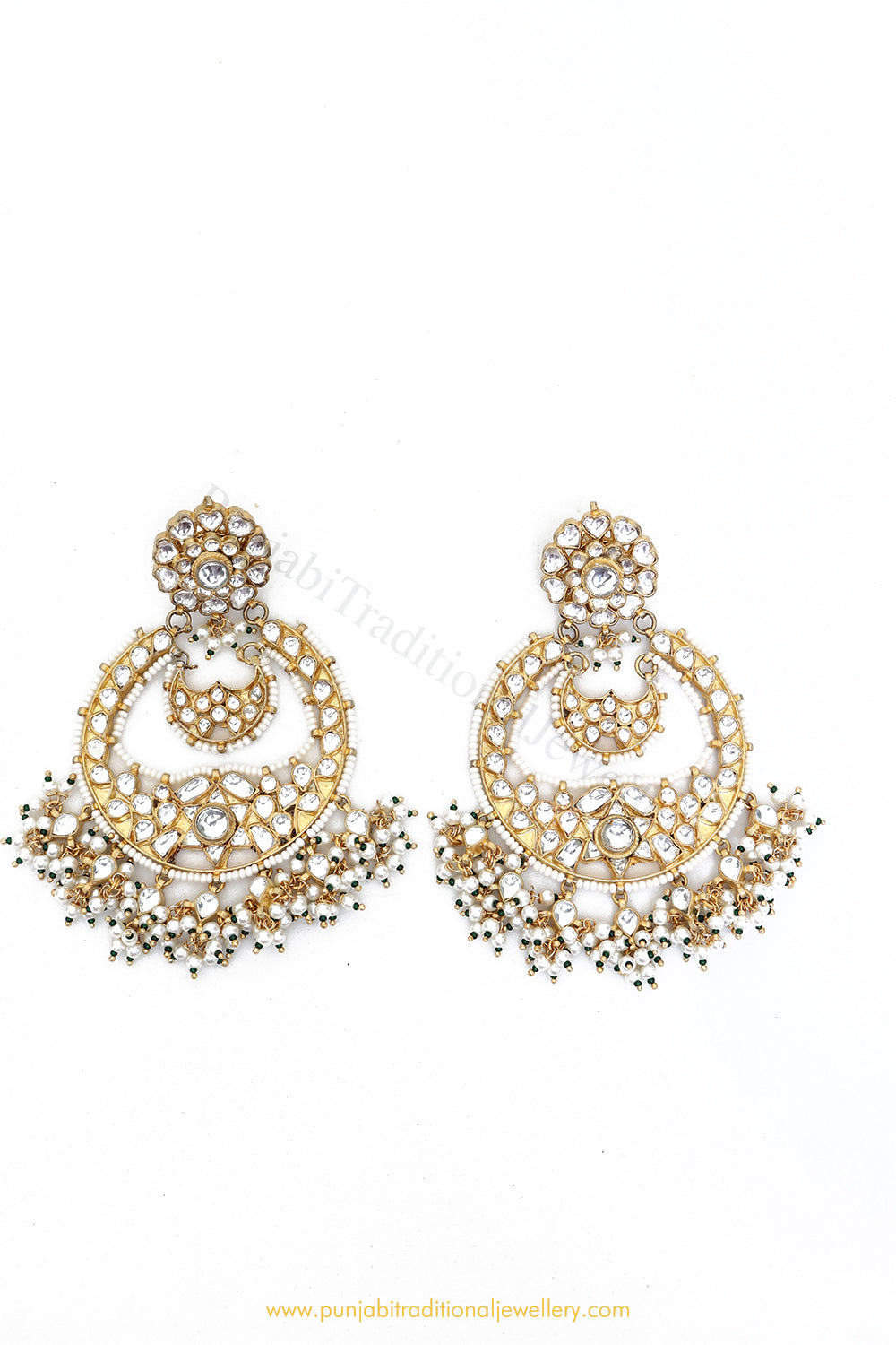 Gold Finished Kundan Pearl Earrings by PTJ
