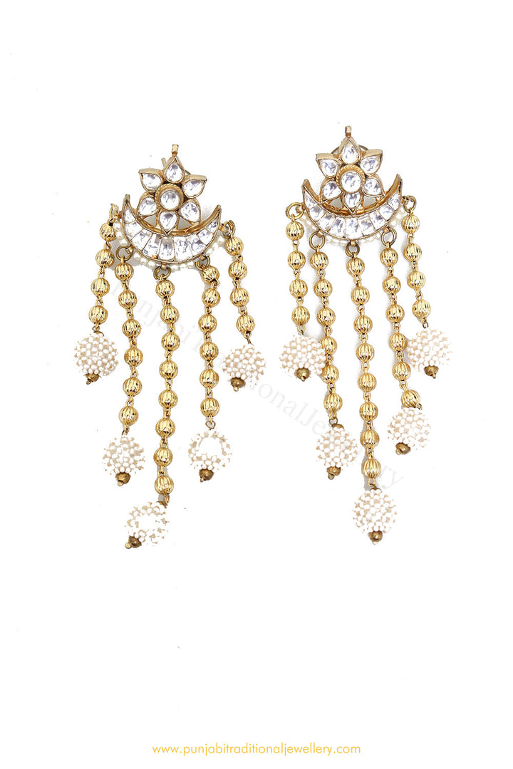 Gold Finished Kundan Pearl Earrings by PTJ