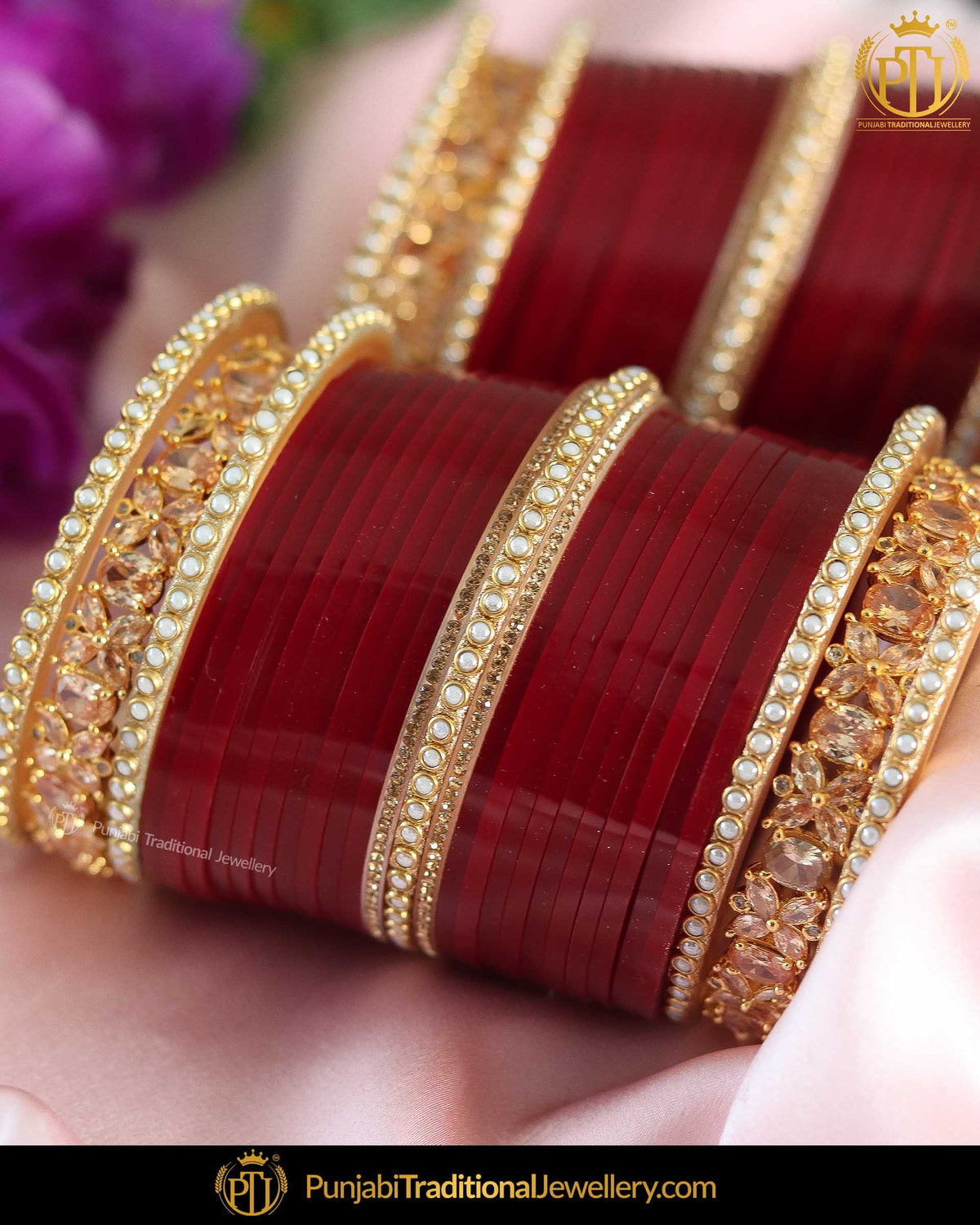Maroon AD Stone Pearl Bridal Chura | Punjabi Traditional Jewellery Exclusive