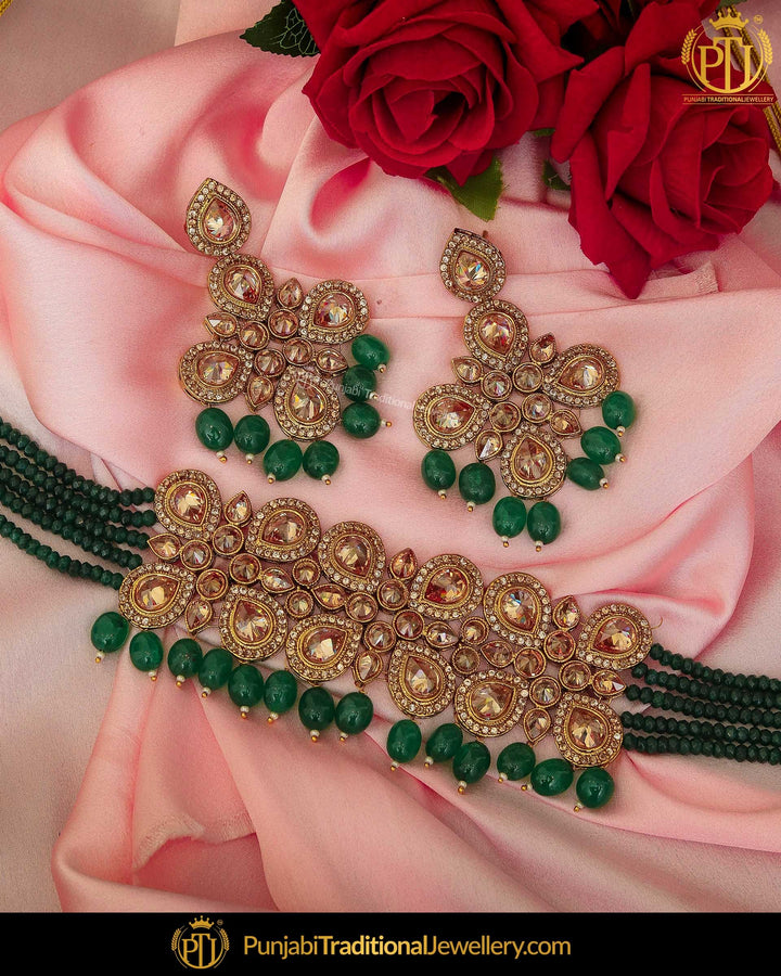 Gold Finished Green Reverse American Diamond Stone Choker Necklace Set | Punjabi Traditional Jewellery Exclusive