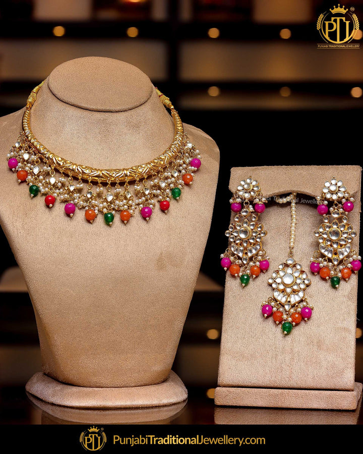 Gold Finished Kundan Pearl Navratan Hasli Necklace Set | Punjabi Traditional Jewellery Exclusive