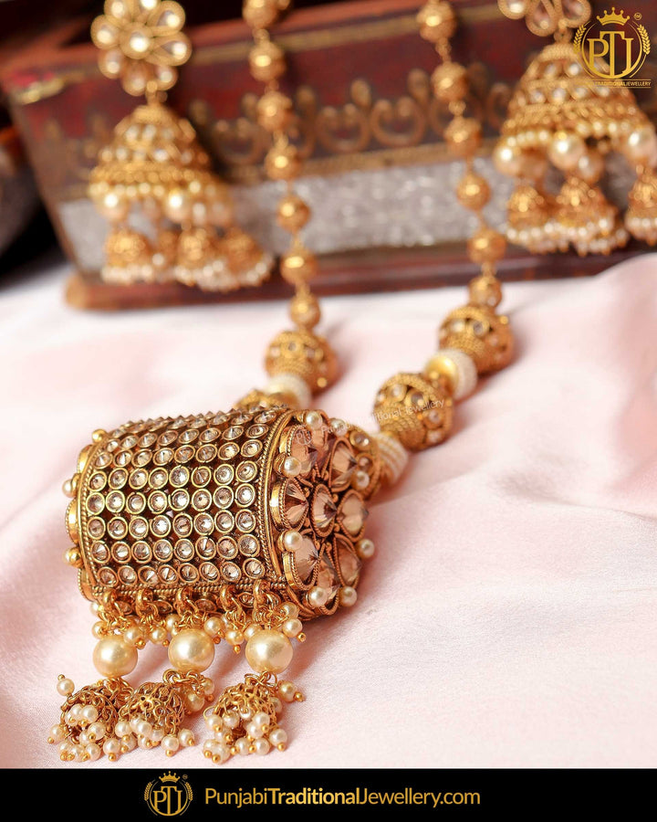 Antique Gold Finished Champagne Stone Pearl Long  Set  | Punjabi Traditional Jewellery Exclusive