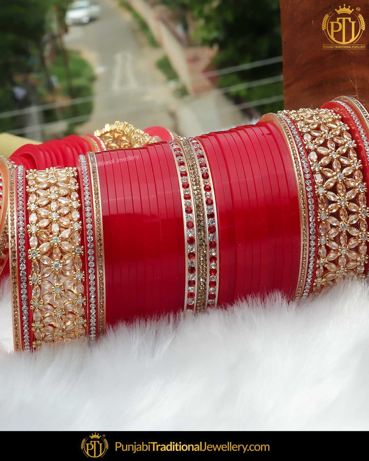 Antique Gold Finished AD Stone Red  Bridal Chura | Punjabi Traditional Jewellery Exclusive