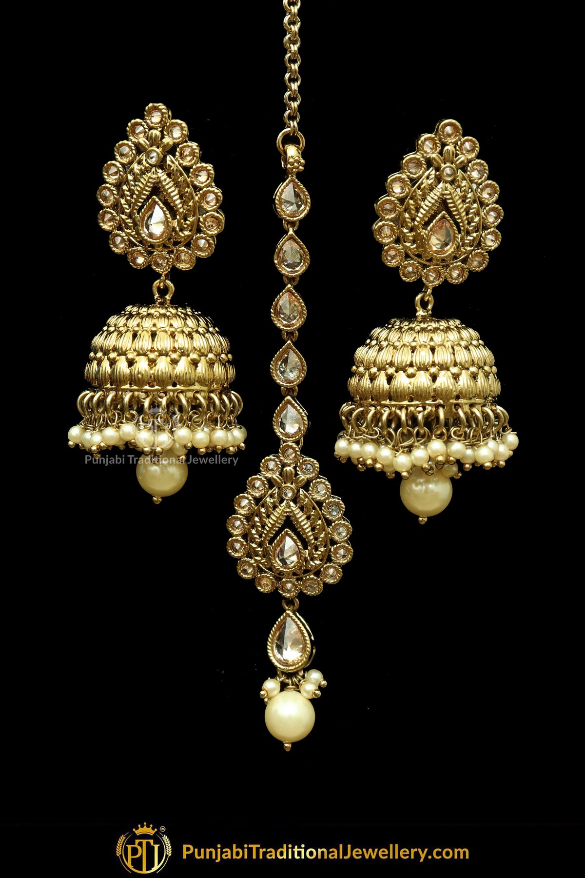 Gold Finished Pearl Champagne Stone Jhumki Earring & Tikka | Punjabi Traditional Jewellery Exclusive