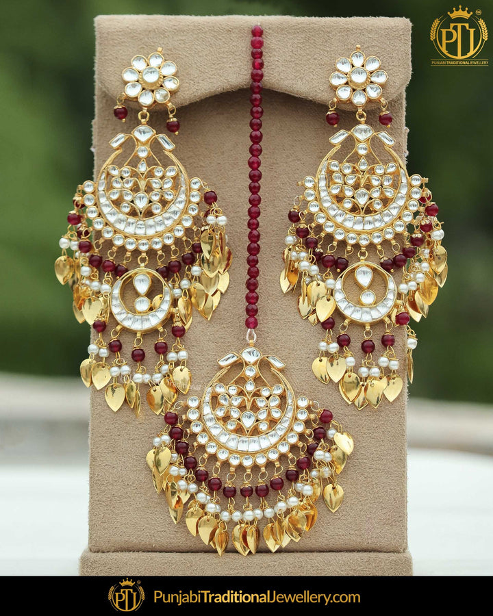 Gold Finished Rubby Pippal Patti Kundan Pearl Earring Tikka Set | Punjabi Traditional Jewellery Exclusive