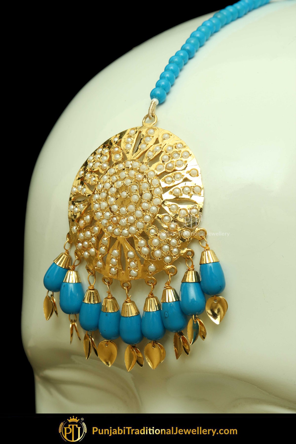Gold Finished Firozi Jadau Pippal Patti Earring Tikka Set | Punjabi Traditional Jewellery Exclusive