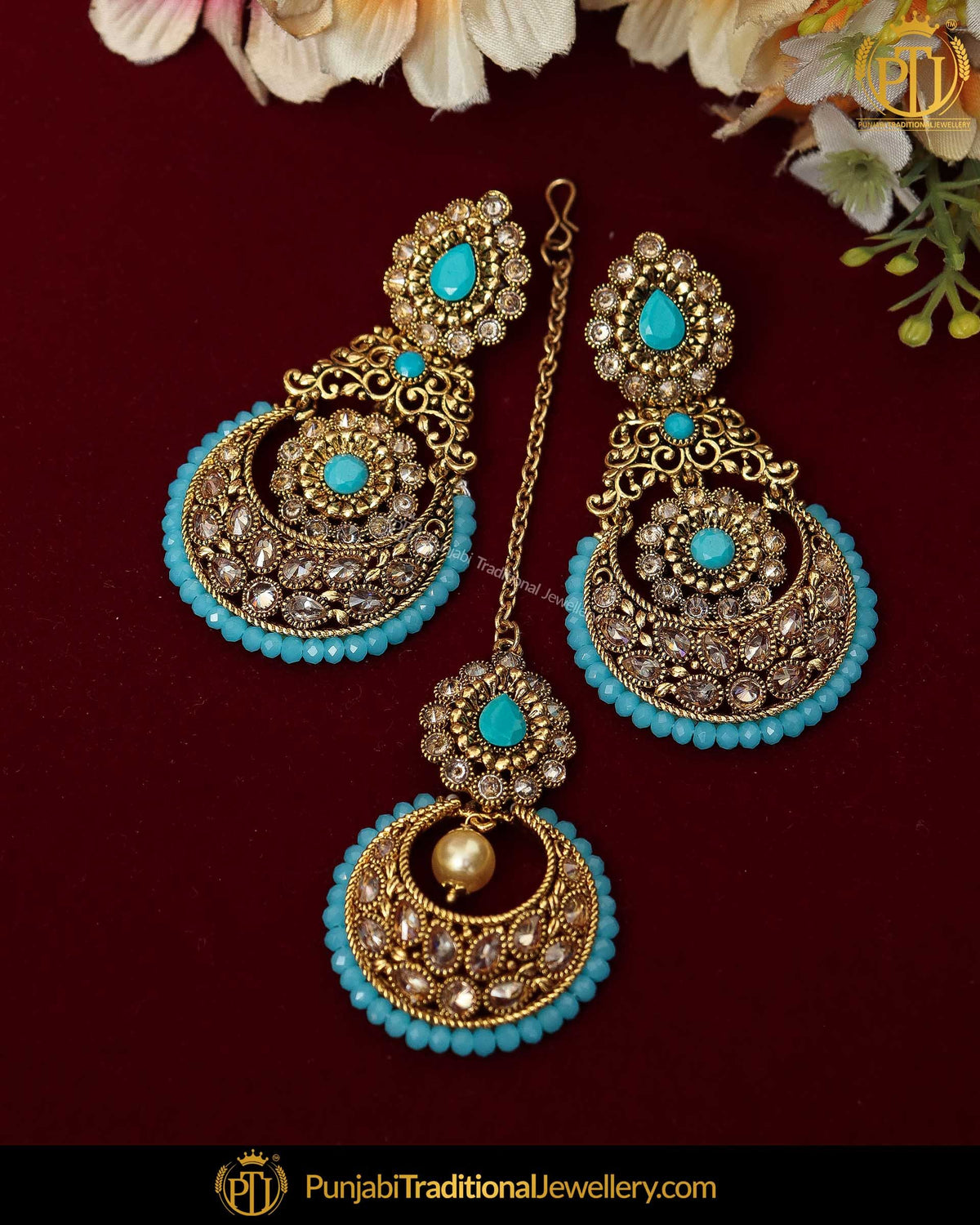 Gold Finished Chamapgne Stone Pearl Firozi Earring Tikka Set | Punjabi Traditional Jewellery Exclusive