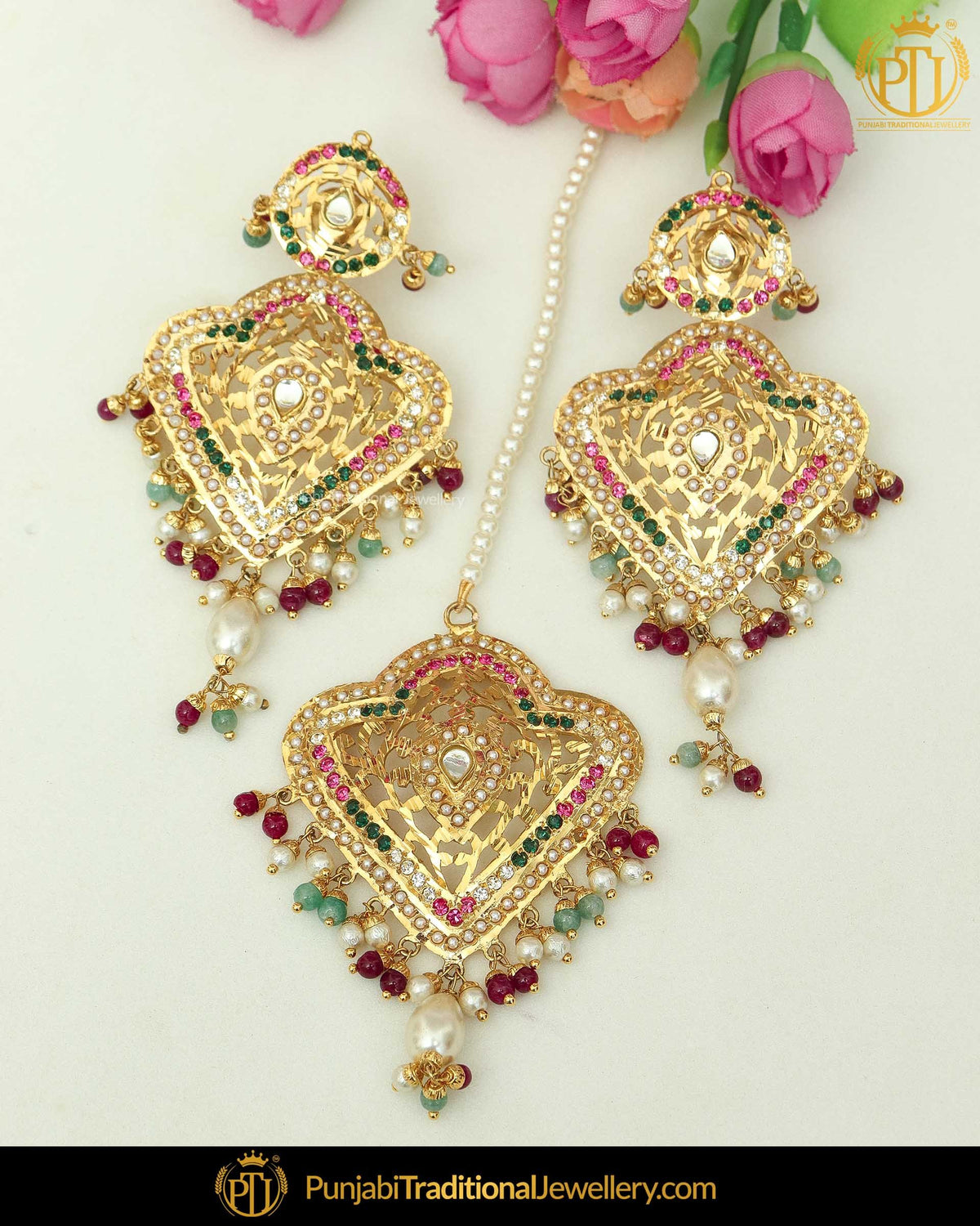 Gold Finished Navratan Jadau Earring Tikka Set | Punjabi Traditional Jewellery Exclusive