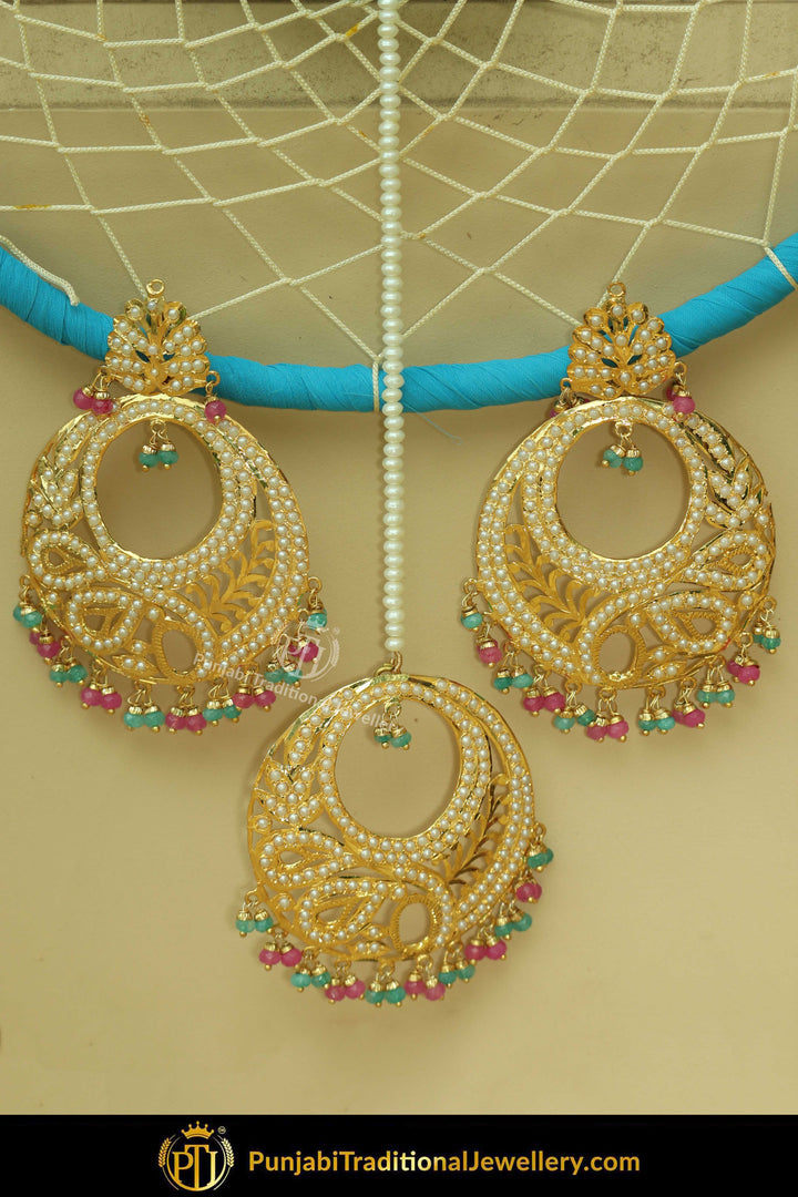 Gold Finished Pink & Firozi Jadau Pearl Earring Tikka Set | Punjabi Traditional Jewellery Exclusive