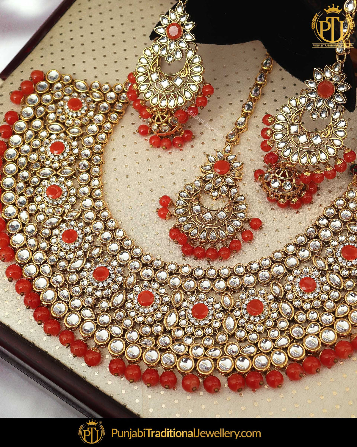 Gold Finished Oragne Kundan Pearl Necklace Set | Punjabi Traditional Jewellery Exclusive