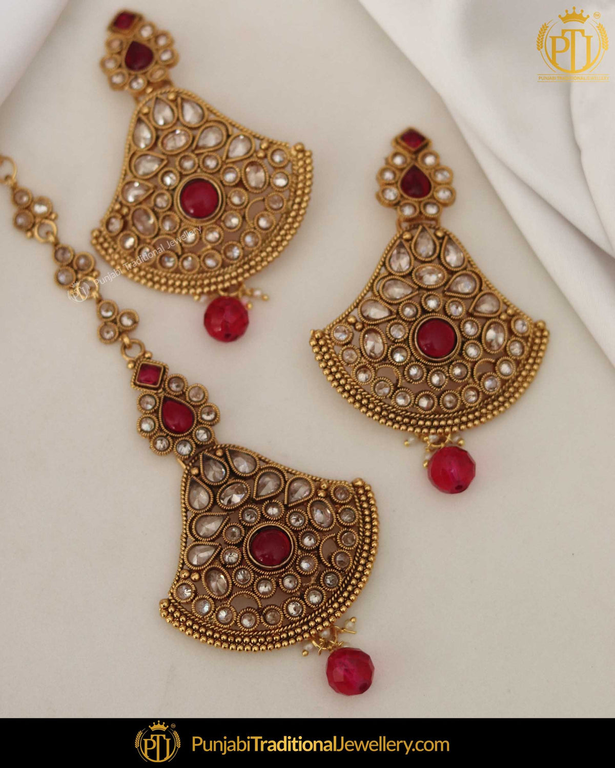Gold Finished Polki Stone Rubby Pearl Earring Tikka Set | Punjabi Traditional Jewellery Exclusive