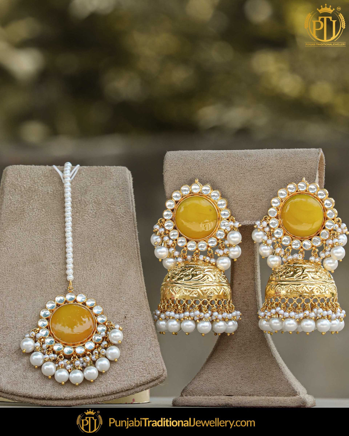 Gold Finished Kundan Pearl Jhumki Yellow Earrings & Tikka  | Punjabi Traditional Jewellery Exclusive