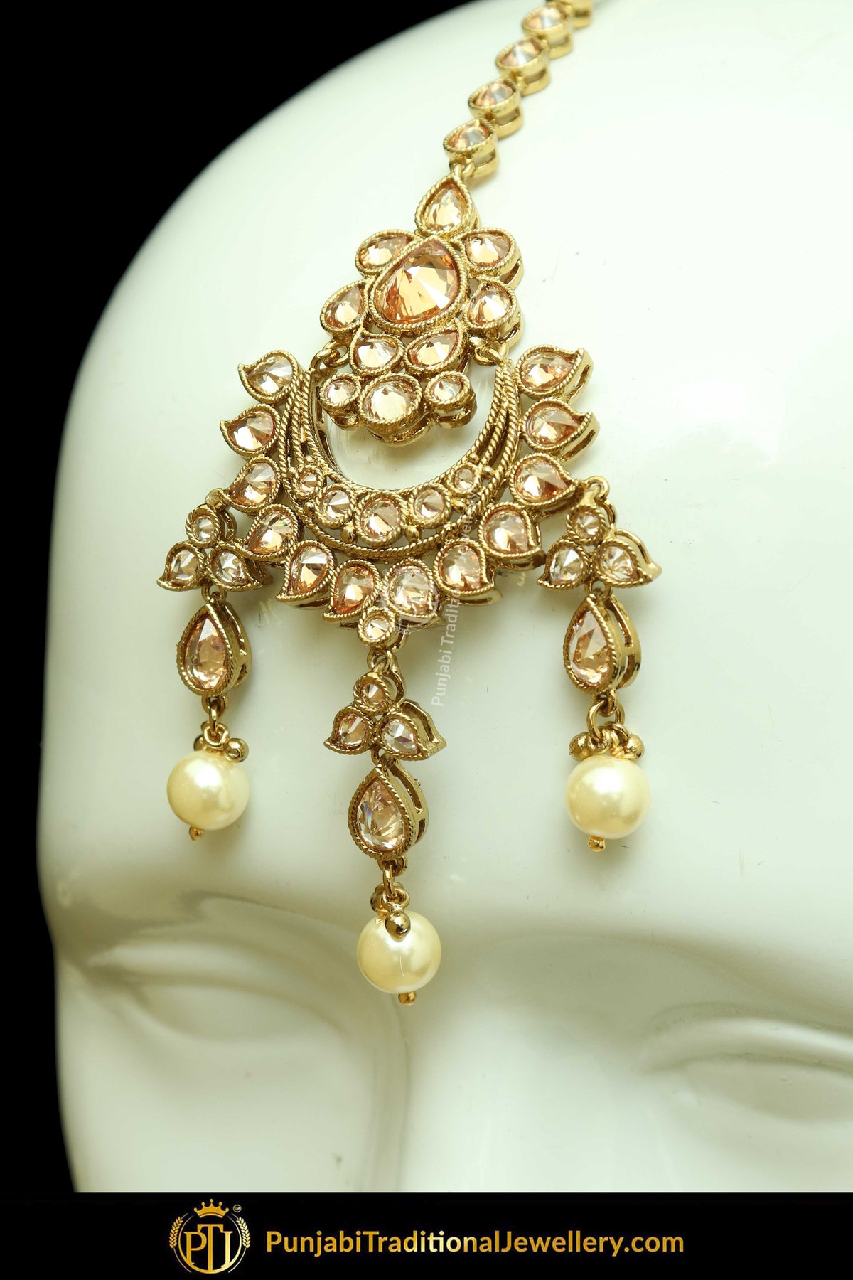 Antique Gold Finised Champagne Stone Pearl Earring Tikka Set By Punjabi Traditional Jewellery