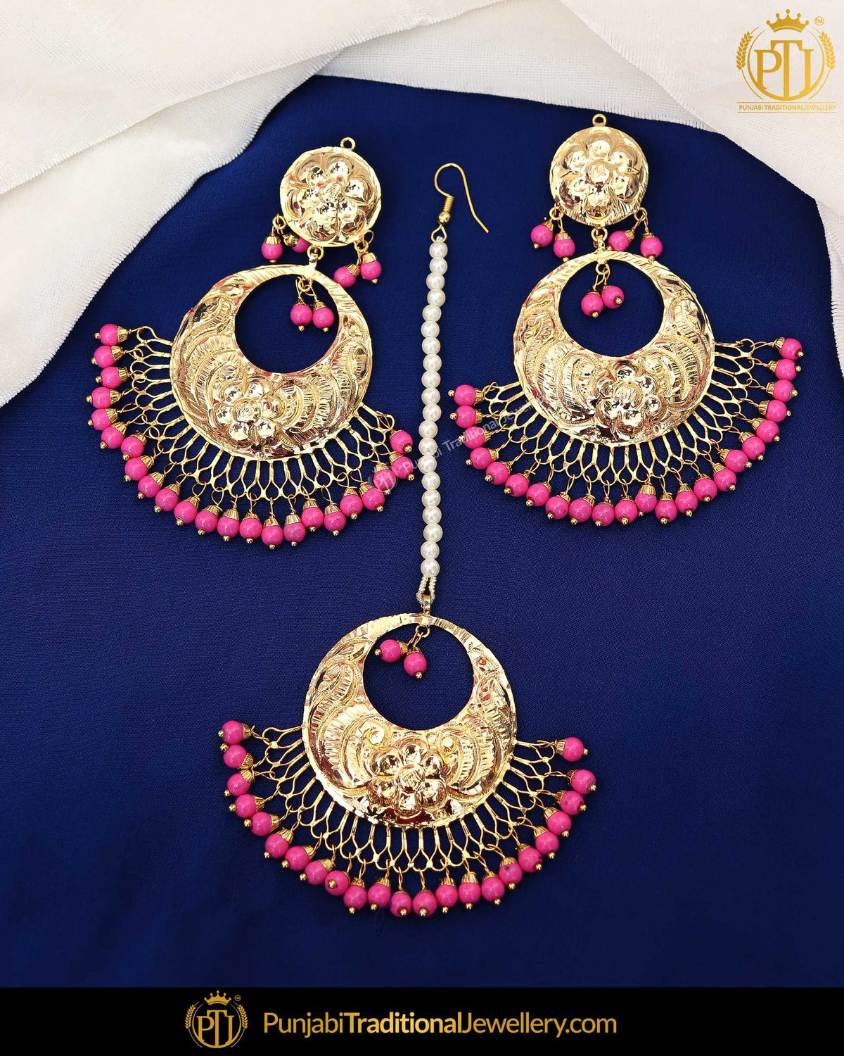 Gold Finished Pink Patra Pearl Earring Tikka Set  | Punjabi Traditional Jewellery Exclusive