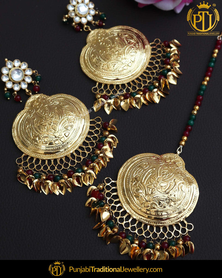 Rubby Panna Pippal Patti Pearl Kundan Patra Earrings & Tikka Set | Punjabi Traditional Jewellery Exclusive