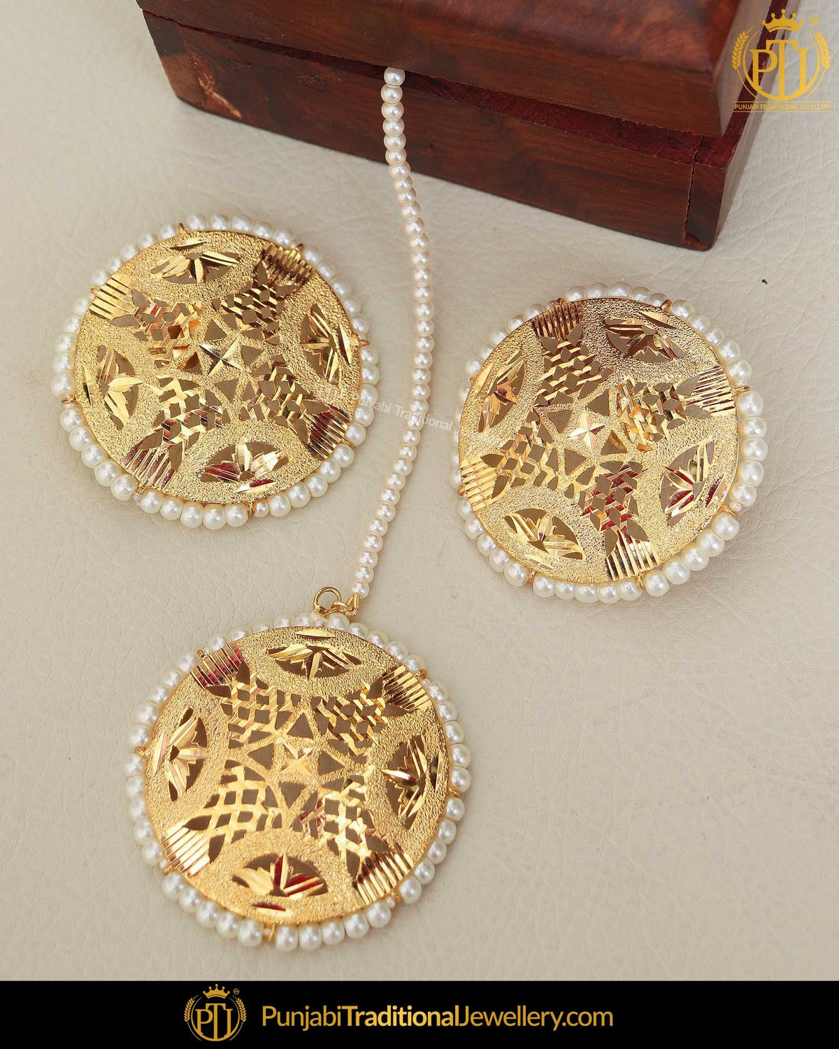 Gold Finished Jadau Stud Pearl Earring Tikka Set | Punjabi Traditional Jewellery Exclusive