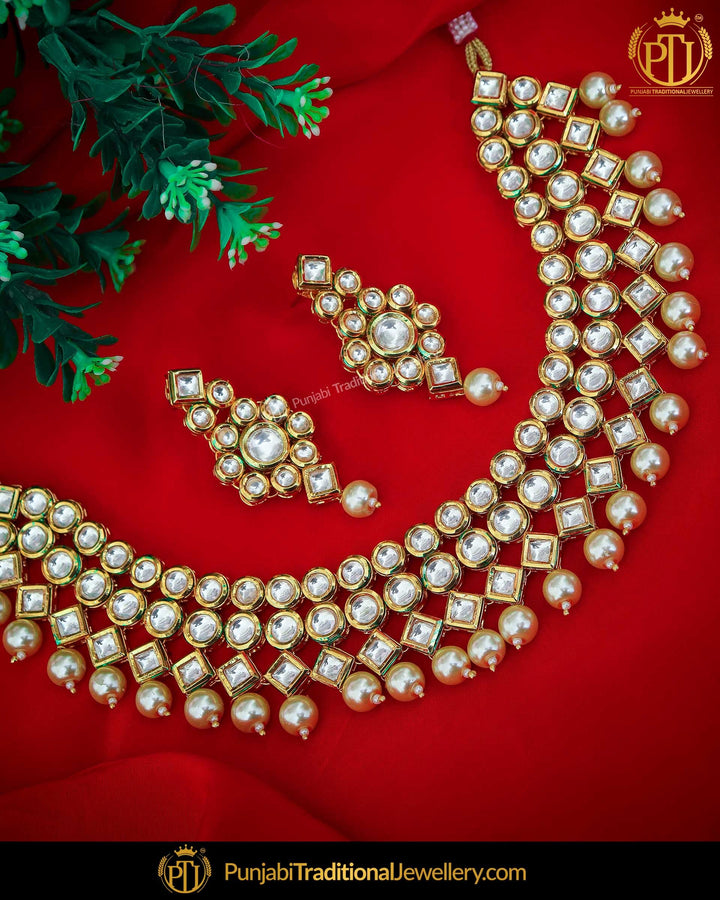 Gold Finished Kundan Pearl Necklace Set | Punjabi Traditional Jewellery Exclusive