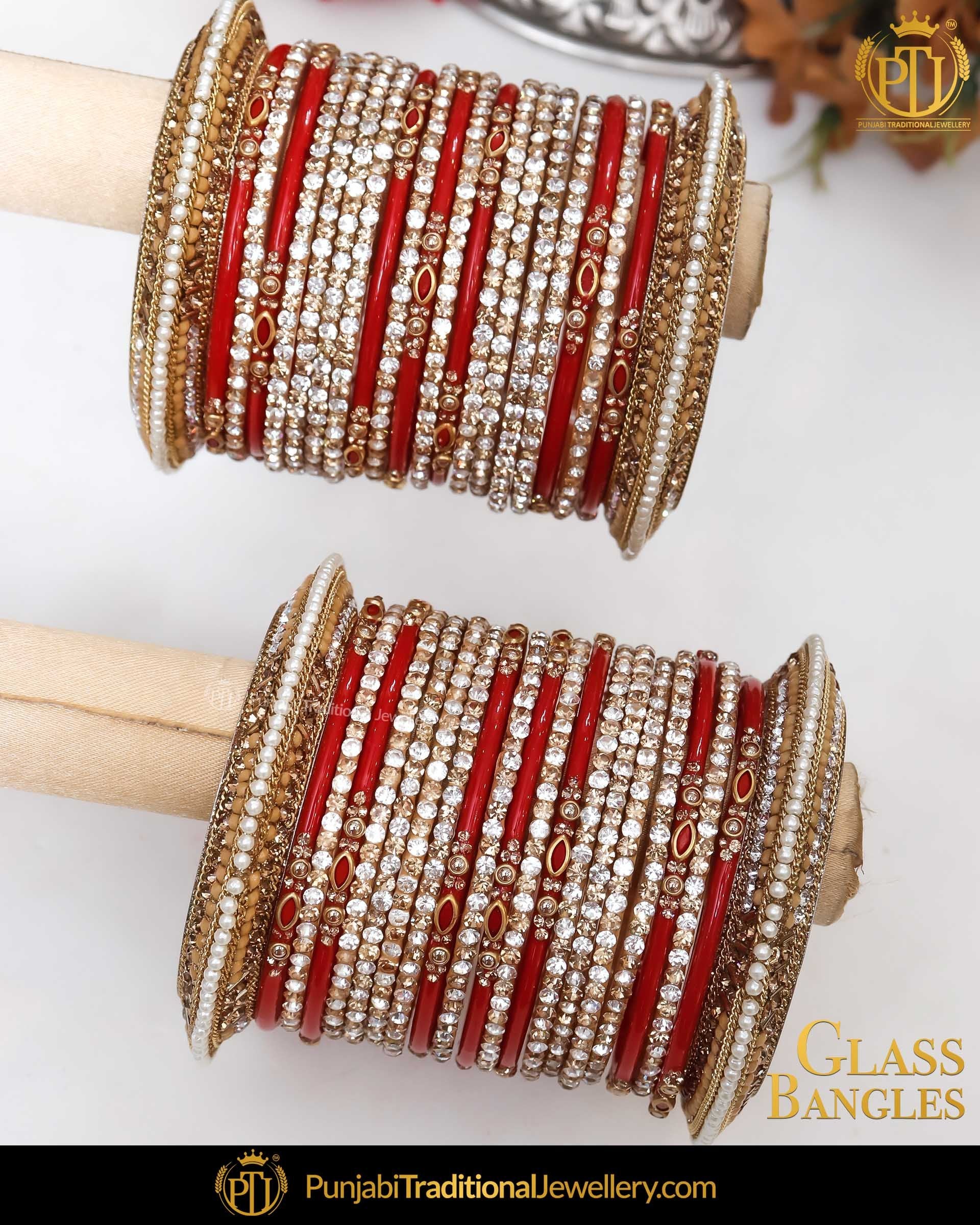 Gold & Silver Red (For Both Hands) Glass Bangles Set | Punjabi Traditional Jewellery Exclusive